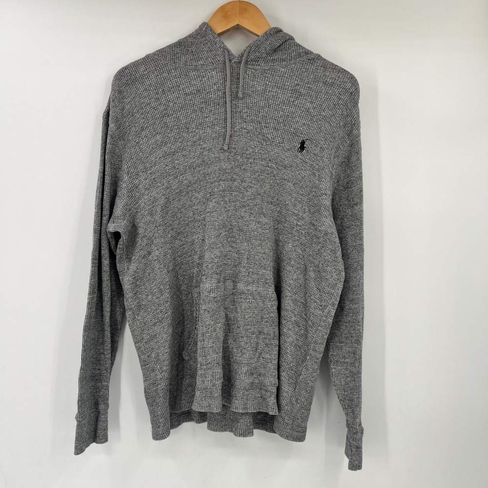 Polo Ralph Lauren Mens XL Waffle Knit Thermal Hoodie Gray Pony Logo Pullover